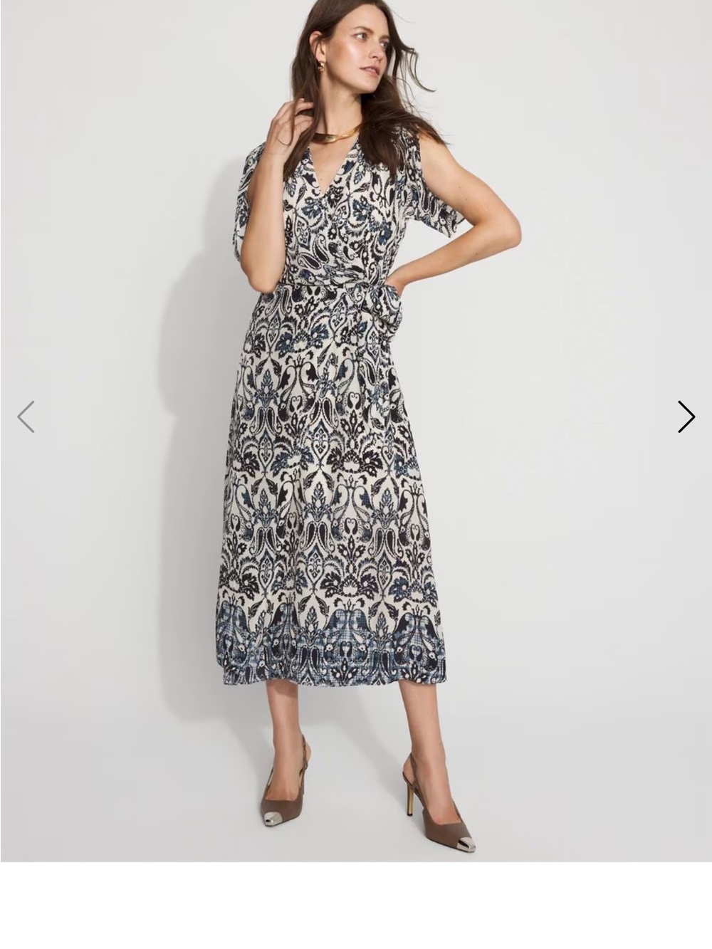 New with tags White House Black Market Navy and Cream Printed Wrap Midi Dress